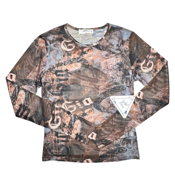 NWT Y2K 90s Sheer Mesh Cropped Top Sz.S Multi All-Over Print Fairy Grunge Goth - Picture 8 of 9